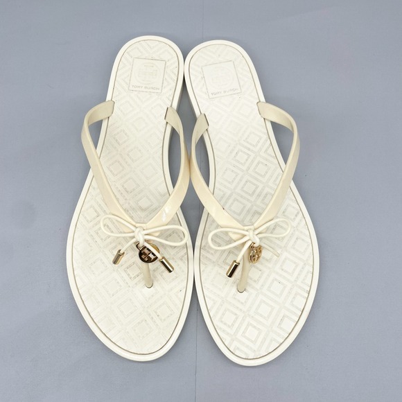 Tory Burch Womens 11 Sandals Ivory Jelly Bow Charm Thong Flip Flop Logo Flats - Picture 1 of 12